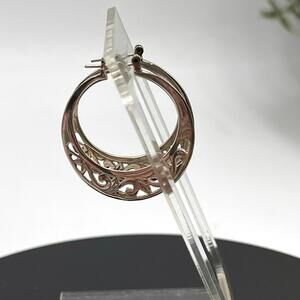 Designer Signed Sterling Silver 925 Floral Filigree Hoop Earrings‎